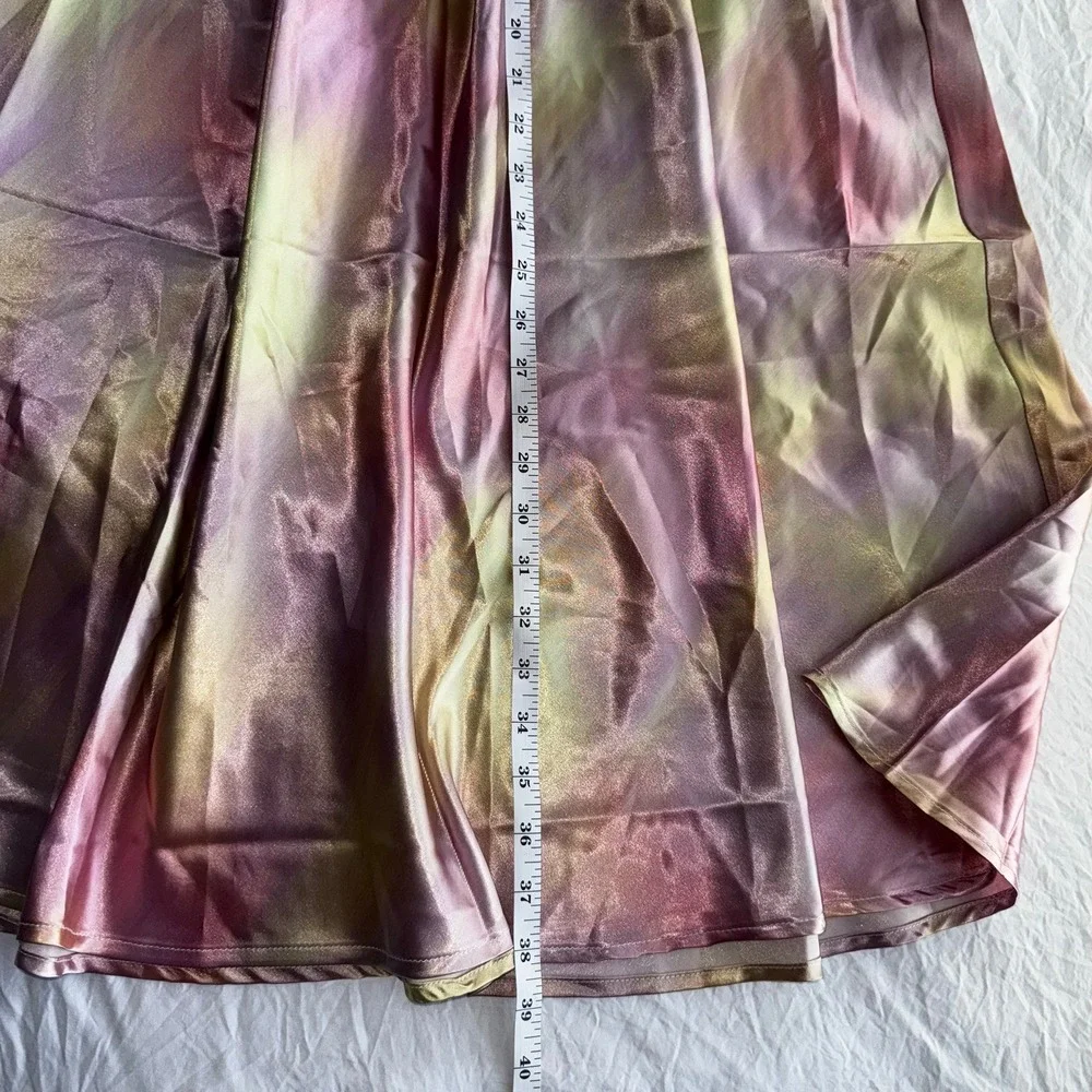 Micas‎ Pastel Tie-Dye Satin High wasited Midi Skirt Multicolor Flowy Large